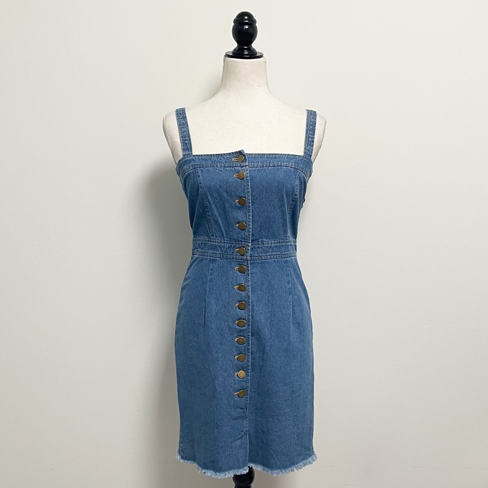 Skylar Madison Medium Wash Denim Cut Off Button Pinafore Dress Overall NWT Small